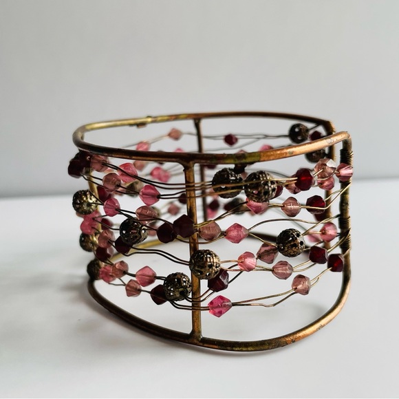 Wire Cuff Bracelet with Pink and Brown Beads - Picture 7 of 16